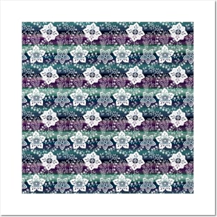 Hip White Floral On Dark Purple Teal Blue Stripes Posters and Art